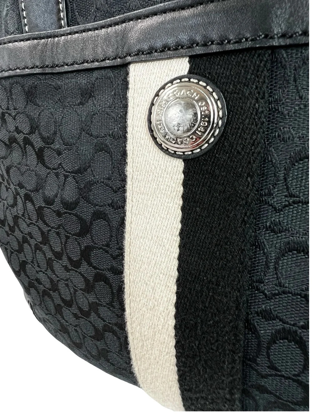 Coach Signature Stripe Multifunction Diaper Tote Bag Black Canvas Blue Interior